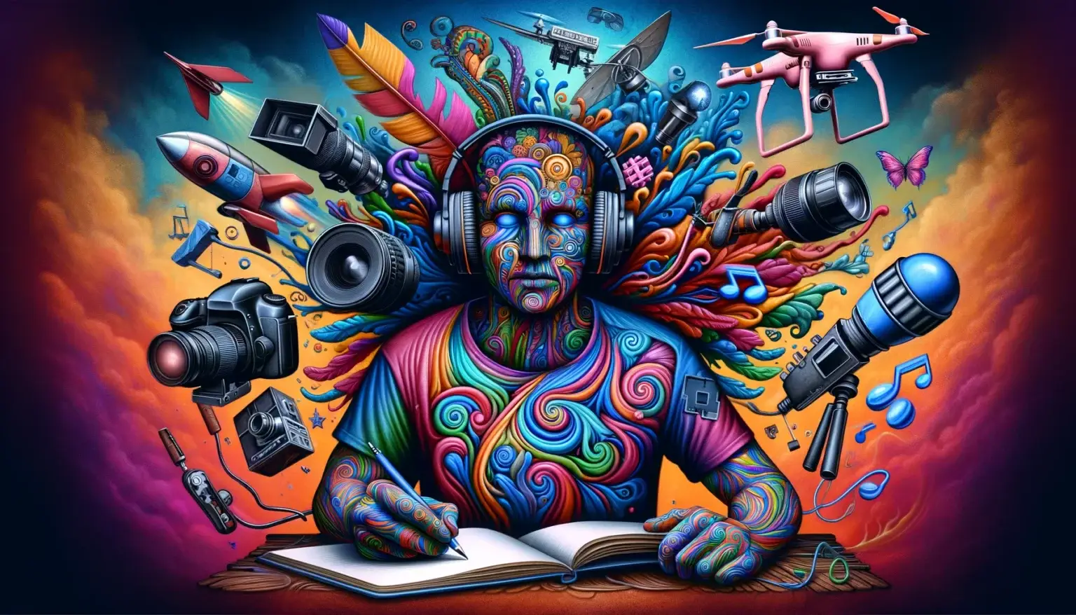 DALL·E 2024-03-12 07.31.59 - Create a widescreen digital art piece in a surrealistic style, depicting a multifaceted creative professional excelling in photography, videography, s