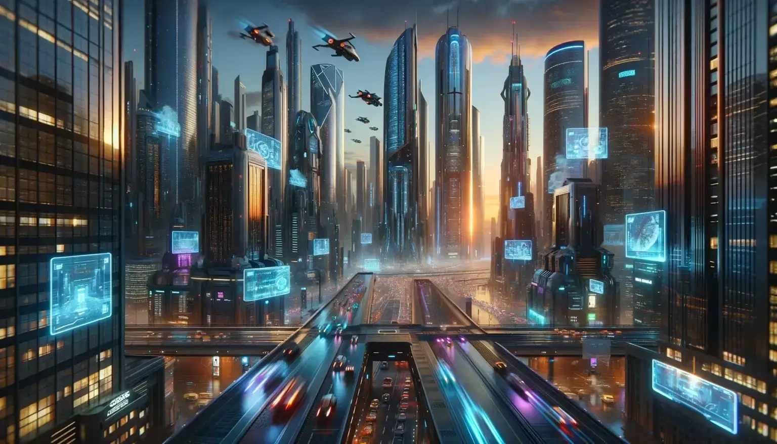 DALL·E 2024-03-12 07.32.19 - Create a widescreen digital art piece in a photorealistic style, depicting a futuristic cityscape at dusk. The scene should be rich in detail and real