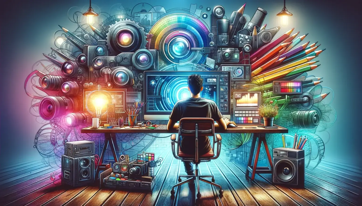 DALL·E 2024-03-12 07.33.58 - Create a widescreen digital art piece in the style of concept art, depicting a creative professional's workspace with more saturated and varied colors